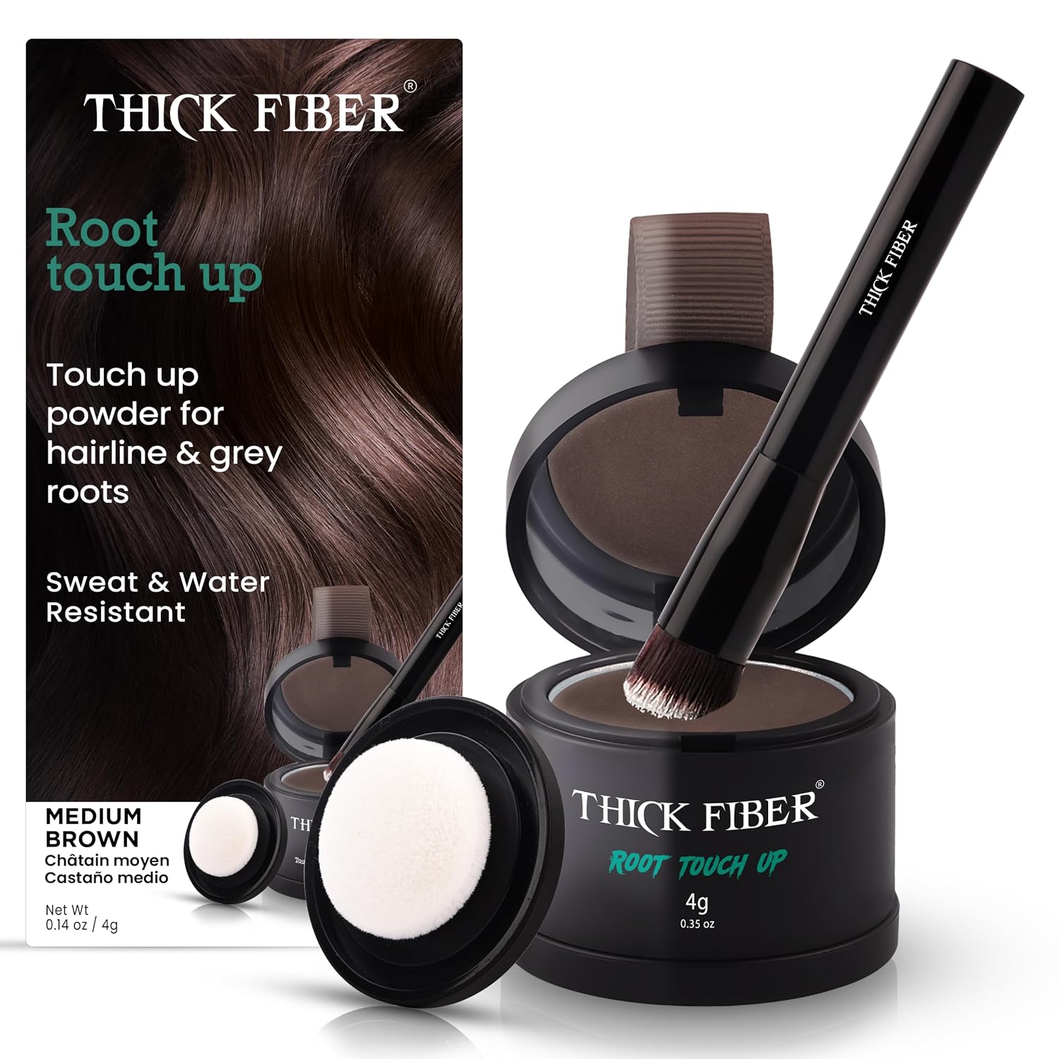 Thick Fiber Root Touch Up Powder, Medium Brown - Water & Sweat Resistant Hair Loss Concealer Set with Brush for Thin Hairlines and Gray Root Coverage