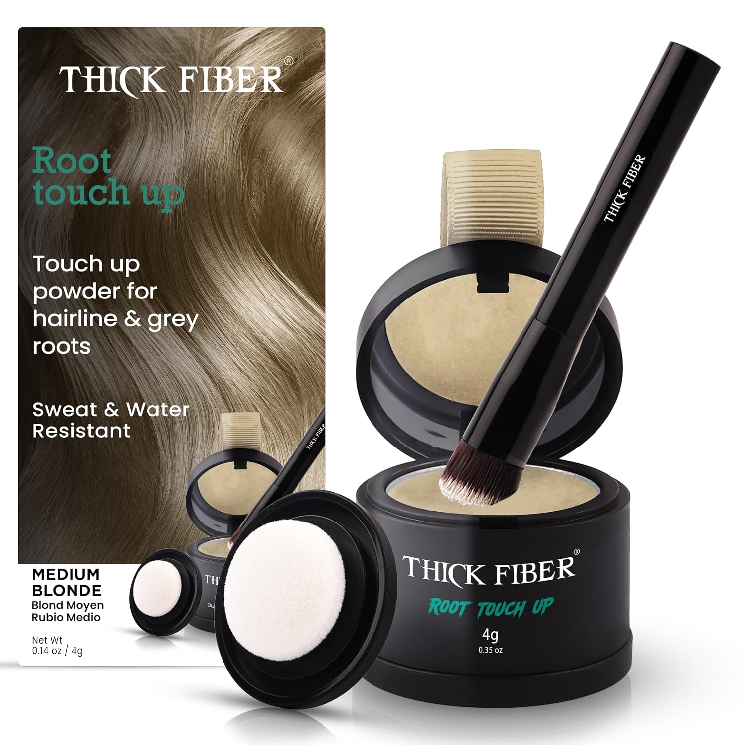 THICK FIBER Root Touch Up and Hairline Concealer - Water & Sweat Resistant Hair Loss Cover for Thinning Hair Women, with Powder and Brush (Medium Blonde)