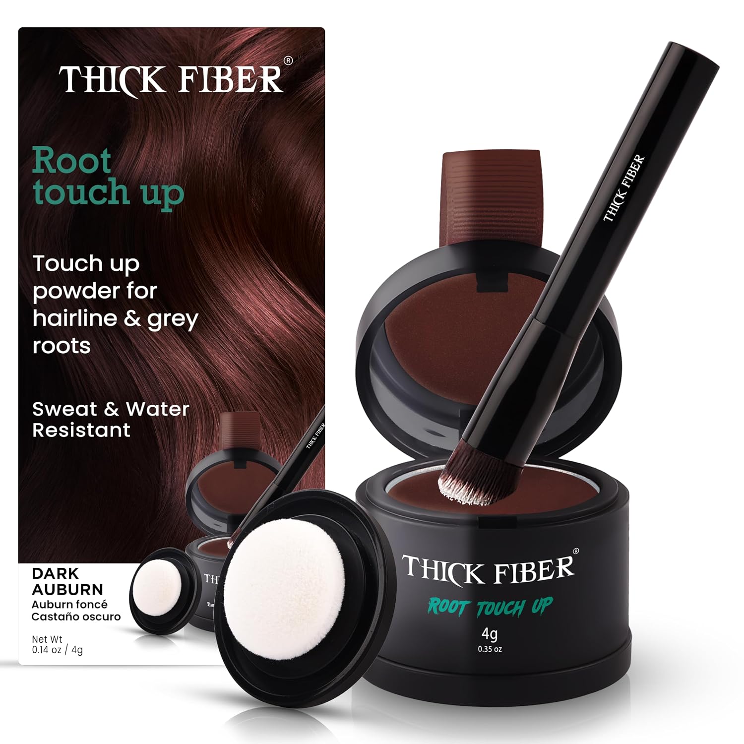 THICK FIBER Root Touch Up and Hairline Concealer for Thinning Hair Women - Water & Sweat Resistant Hair Loss Powder Set, Includes Brush (Red Brown)