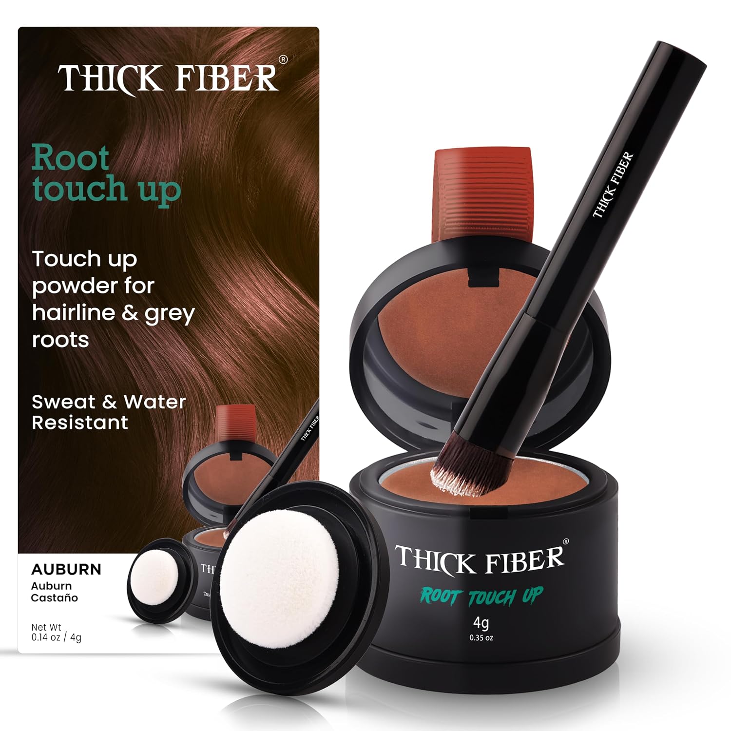 THICK FIBER Root Touch Up Set - Water & Sweat Resistant Hair Loss Concealer for Thinning Hair Women, Includes Hairline Powder and Brush (Auburn)