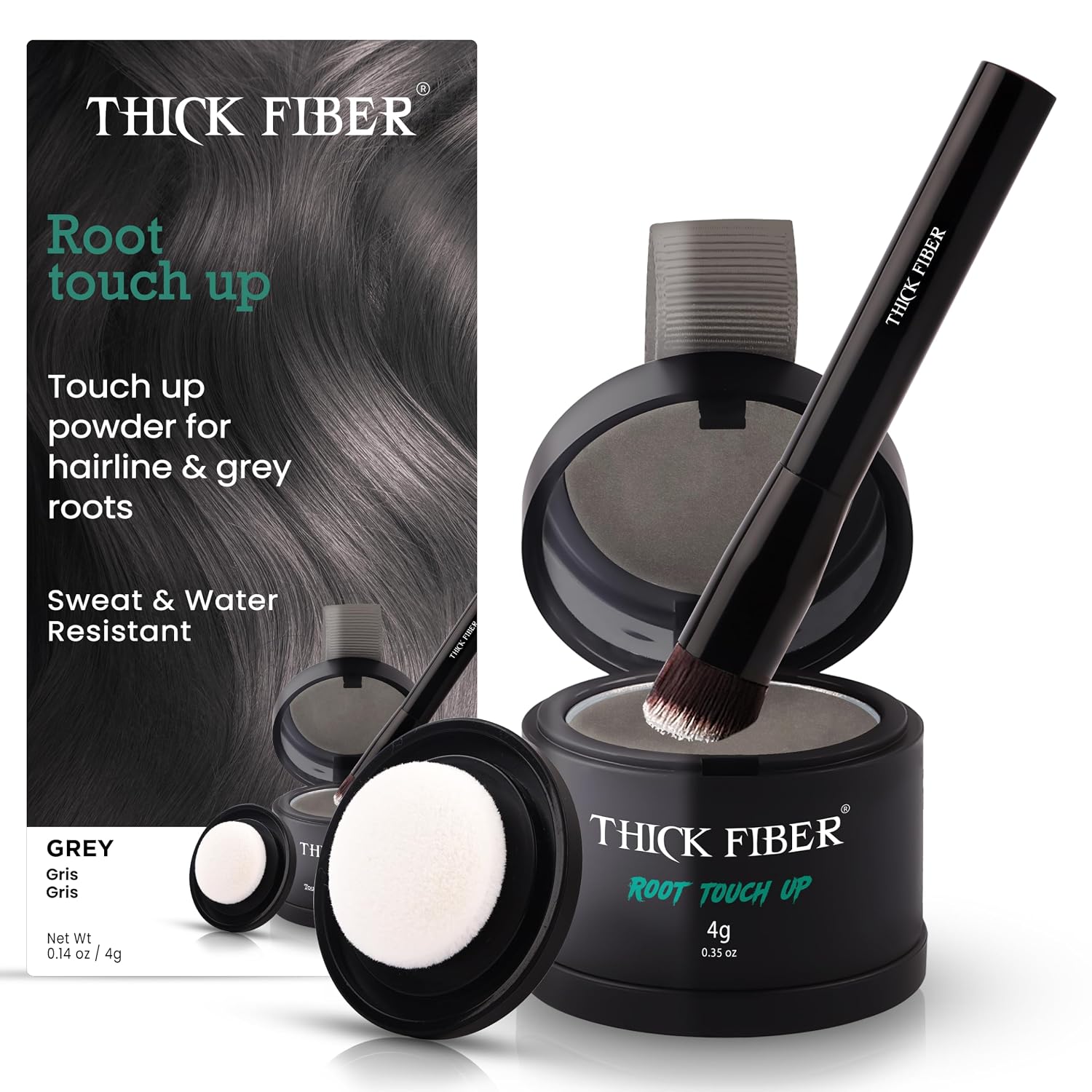 THICK FIBER Root Touch Up Powder, Cover Up Hairline for Thin- Water & Sweat Resistant Hair Loss Concealer Set with for Thinning Hair Women, Includes Brush (Grey) Gray