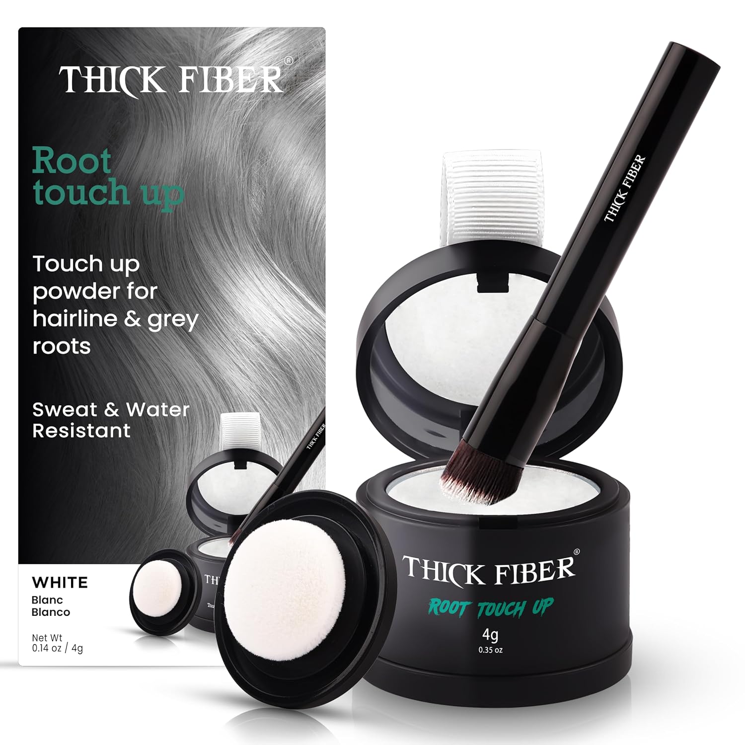 THICK FIBER Root Touch Up and Hair Loss Concealer Set - Water & Sweat Resistant Hairline Powder for Thinning Hair, Women - Includes Brush (White)