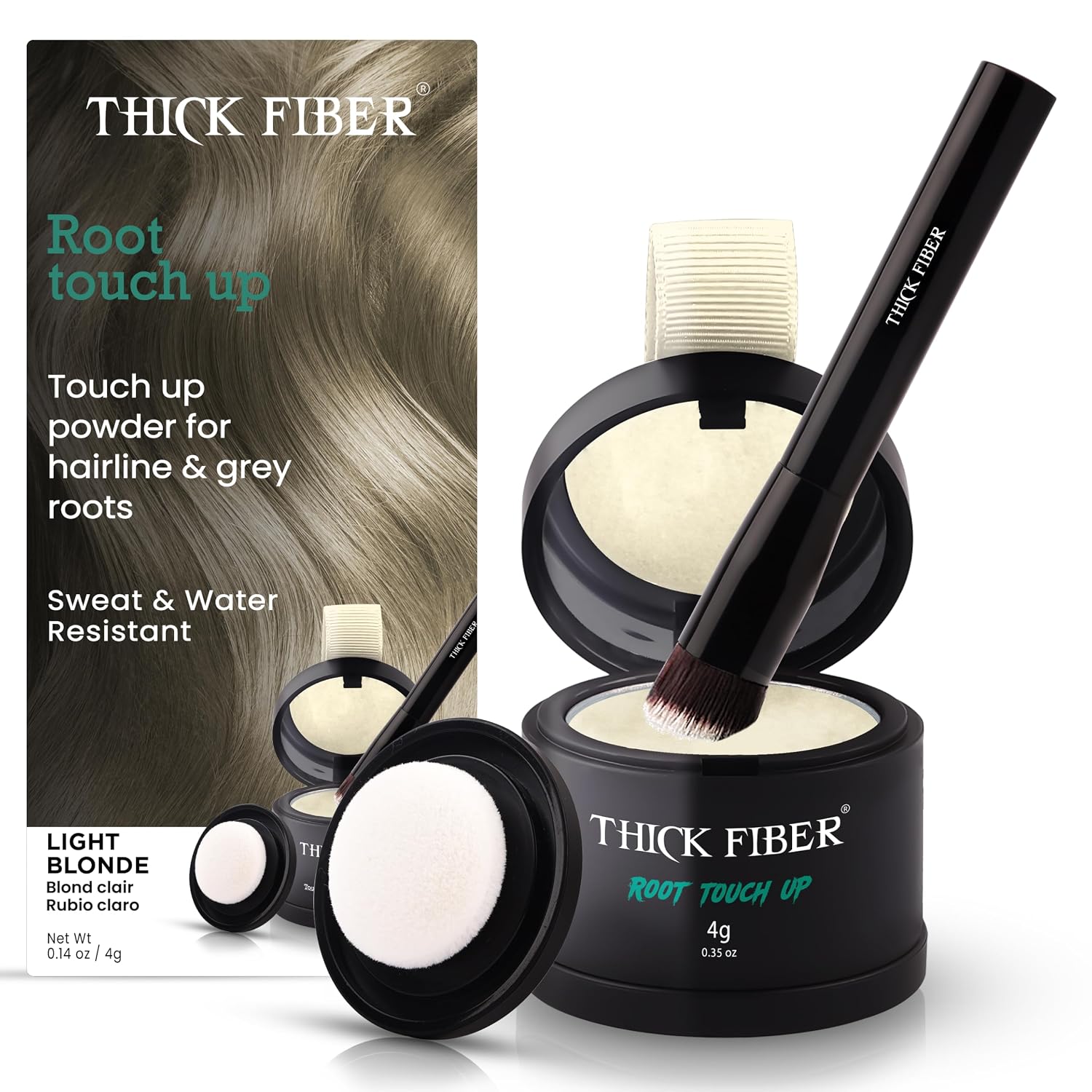 THICK FIBER Root Touch Up Concealer - Hairline Powder for Thinning Hair, Water & Sweat Resistant Hair Loss Cover Up Set with Brush (Light Blonde)