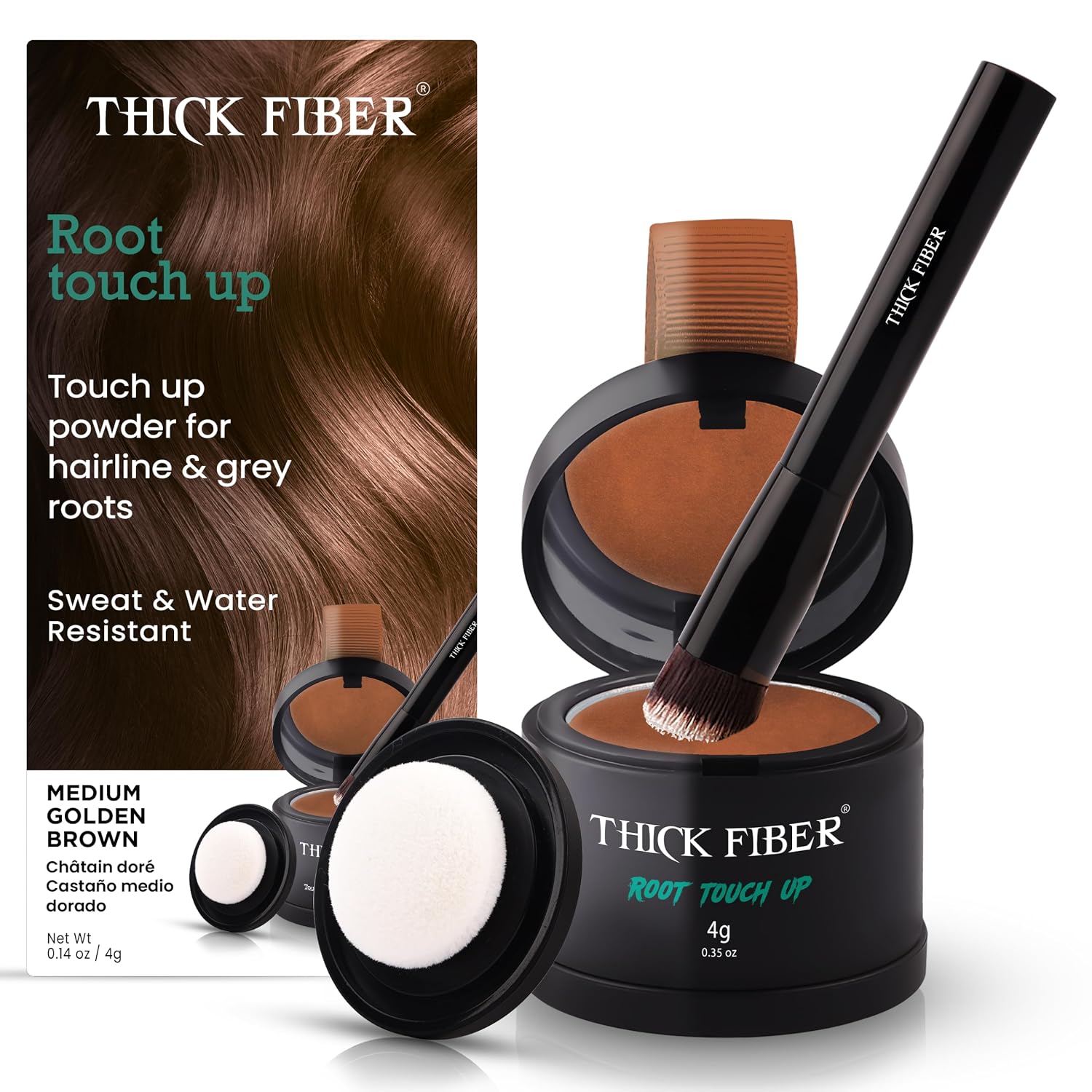 THICK FIBER Root Touch Up Set - Hairline Concealer for Thin and Thinning Hair, Water & Sweat Resistant, with Brush (Medium Golden Brown)